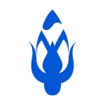 A blue icon that resembles the upward pointing bud of a rose flower.