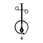 A black and red icon consisting of a fountain pen cutting through the neck of an ouroboros snake.